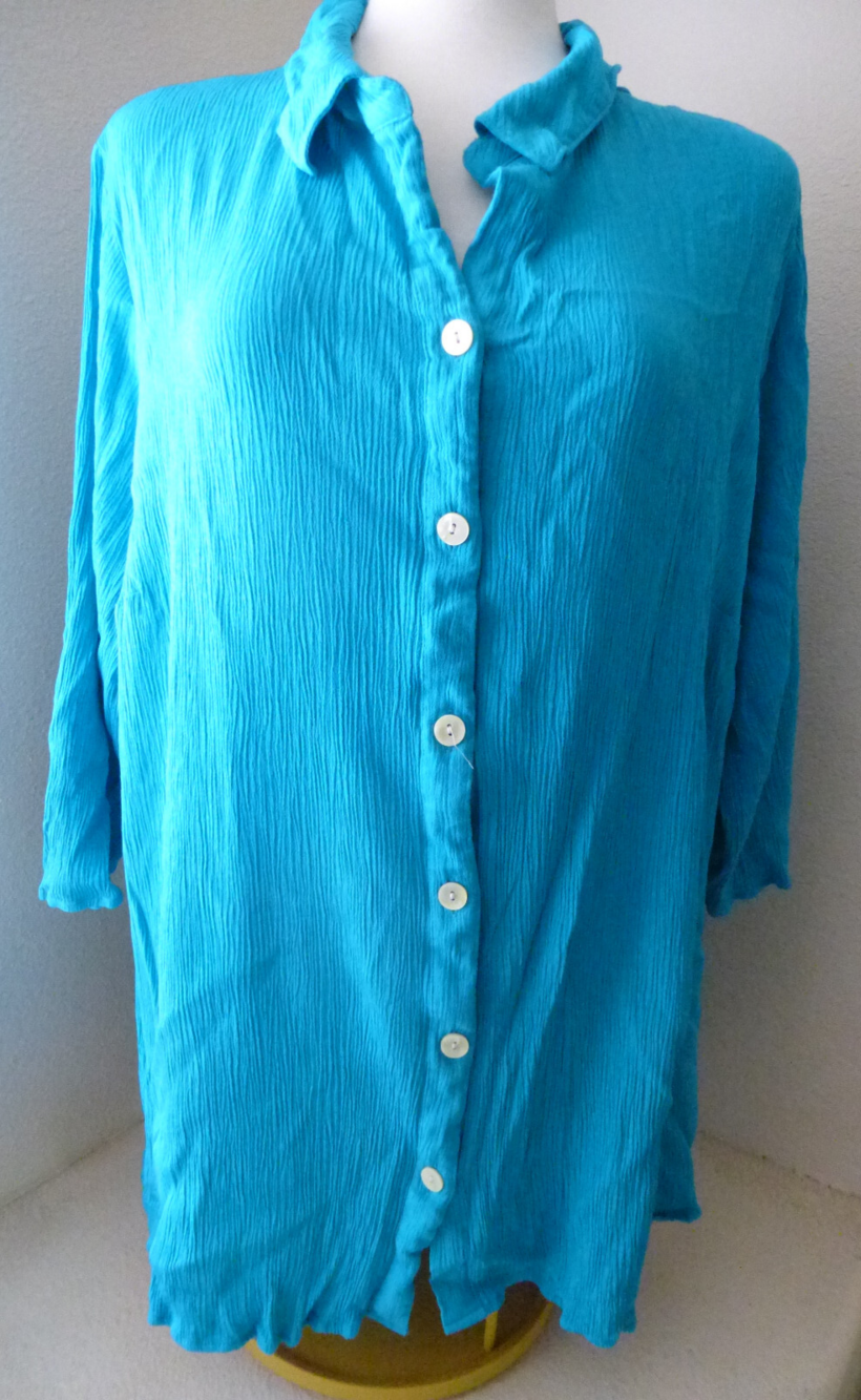Catherines Tunic Top Women 3X 26/28W Blue 3/4 Roll Tab Sleeves Lagenlook Stretch